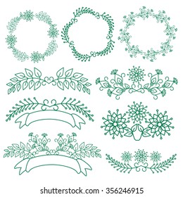 Floral Frame Collection. Wedding set flowers, wreaths, ribbons. Vector illustration