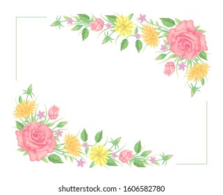 Floral frame colorful and beautiful rose flowers and leaves template decoration.
