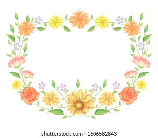 Floral frame colorful and beautiful rose flowers and leaves template decoration.
