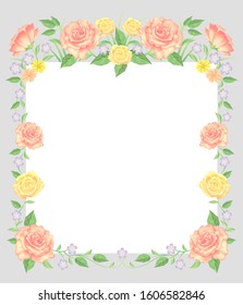 Floral frame colorful and beautiful rose flowers and leaves template decoration.
