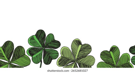 Floral frame with colorful Clover leaves on white background. Ornate border St Patrick's day. Vector hand drawn illustration for wallpaper, posters, card.  Doodle style. Copy space.