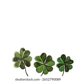 Floral frame with colorful Clover leaves on white background. Ornate border St Patrick's day. Vector hand drawn illustration for wallpaper, posters, card.  Doodle style. Copy space.