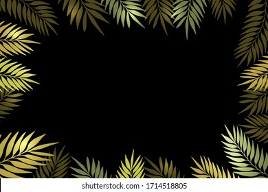 Floral frame with colorful exotic branches on black background. Ornate border with tropic leaves. Vector stock illustration for wallpaper, posters, card.  Doodle style. Copy space.