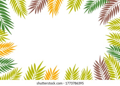 Floral frame with colorful exotic branches on white background. Ornate border with tropic leaves. Vector stock illustration for wallpaper, posters, card. Doodle style. Copy space.