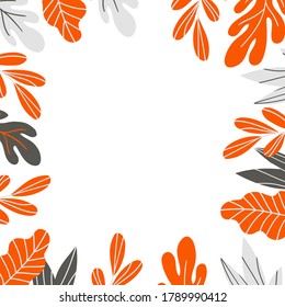 Floral frame with colorful exotic branches on white background. Ornate border with tropic leaves. Vector stock illustration for wallpaper, posters, card.  Doodle style. Copy space.