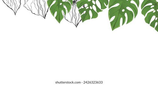 Floral frame with colorful exotic branches on white background. Ornate border with tropic leaves. Vector stock illustration for wallpaper, posters, card.  Doodle style. Copy space.