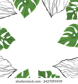 Floral frame with colorful exotic branches on white background. Ornate border with tropic leaves. Vector stock illustration for wallpaper, posters, card.  Doodle style. Copy space.