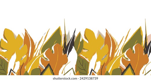 Floral frame with colorful exotic branches on white background. Ornate border with tropic leaves. Vector stock illustration for wallpaper, posters, card.  Doodle style. Copy space.