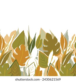 Floral frame with colorful exotic branches on white background. Ornate border with tropic leaves. Vector stock illustration for wallpaper, posters, card.  Doodle style. Copy space.