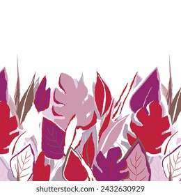 Floral frame with colorful exotic branches on white background. Ornate border with tropic leaves. Vector stock illustration for wallpaper, posters, card.  Doodle style. Copy space.