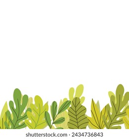 Floral frame with colorful exotic branches on white background. Ornate border with tropic leaves. Vector stock illustration for wallpaper, posters, card.  Doodle style. Copy space.
