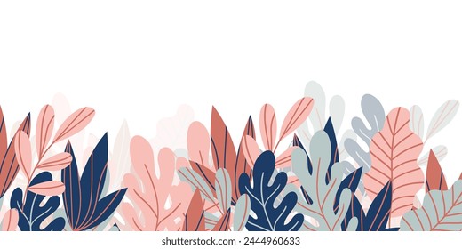 Floral frame with colorful exotic branches on white background. Ornate border with tropic leaves. Vector stock illustration for wallpaper, posters, card.  Doodle style. Copy space.