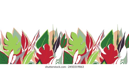 Floral frame with colorful exotic branches on white background. Ornate border with tropic leaves. Vector stock illustration for wallpaper, posters, card.  Doodle style. Copy space.