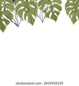 Floral frame with colorful exotic branches on white background. Ornate border with tropic leaves. Vector stock illustration for wallpaper, posters, card.  Doodle style. Copy space.