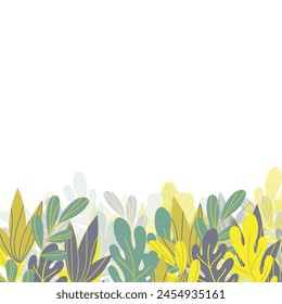 Floral frame with colorful exotic branches on white background. Ornate border with tropic leaves. Vector stock illustration for wallpaper, posters, card.  Doodle style. Copy space.