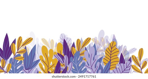 Floral frame with colorful exotic branches on white background. Ornate border with tropic leaves. Vector stock illustration for wallpaper, posters, card.  Doodle style. Copy space.