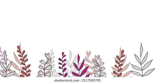 Floral frame with colorful exotic branches on white background. Ornate border with tropic leaves. Vector stock illustration for wallpaper, posters, card.  Doodle style. Copy space.