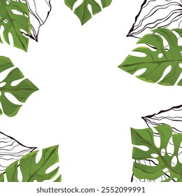 Floral frame with colorful exotic branches on white background. Ornate border with tropic leaves. Vector stock illustration for wallpaper, posters, card.  Doodle style. Copy space.