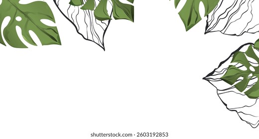 Floral frame with colorful exotic branches on white background. Ornate border with tropic leaves. Vector stock illustration for wallpaper, posters, card.  Doodle style. Copy space.