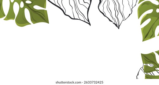 Floral frame with colorful exotic branches on white background. Ornate border with tropic leaves. Vector stock illustration for wallpaper, posters, card.  Doodle style. Copy space.
