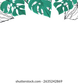 Floral frame with colorful exotic branches on white background. Ornate border with tropic leaves. Vector stock illustration for wallpaper, posters, card.  Doodle style. Copy space.