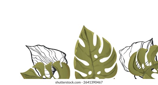 Floral frame with colorful exotic branches on white background. Ornate border with tropic leaves. Vector stock illustration for wallpaper, posters, card.  Doodle style. Copy space.