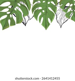 Floral frame with colorful exotic branches on white background. Ornate border with tropic leaves. Vector stock illustration for wallpaper, posters, card.  Doodle style. Copy space.
