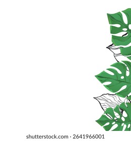 Floral frame with colorful exotic branches on white background. Ornate border with tropic leaves. Vector stock illustration for wallpaper, posters, card.  Doodle style. Copy space.
