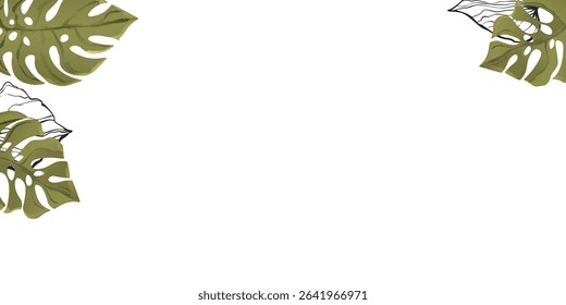 Floral frame with colorful exotic branches on white background. Ornate border with tropic leaves. Vector stock illustration for wallpaper, posters, card.  Doodle style. Copy space.