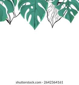 Floral frame with colorful exotic branches on white background. Ornate border with tropic leaves. Vector stock illustration for wallpaper, posters, card.  Doodle style. Copy space.