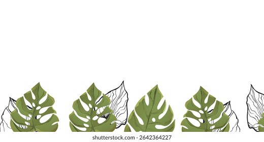 Floral frame with colorful exotic branches on white background. Ornate border with tropic leaves. Vector stock illustration for wallpaper, posters, card. Doodle style. Copy space.