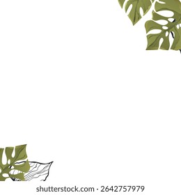 Floral frame with colorful exotic branches on white background. Ornate border with tropic leaves. Vector stock illustration for wallpaper, posters, card.  Doodle style. Copy space.