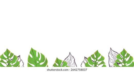 Floral frame with colorful exotic branches on white background. Ornate border with tropic leaves. Vector stock illustration for wallpaper, posters, card.  Doodle style. Copy space.