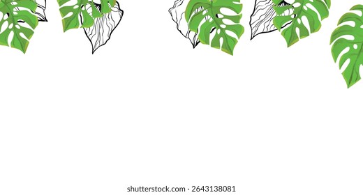 Floral frame with colorful exotic branches on white background. Ornate border with tropic leaves. Vector stock illustration for wallpaper, posters, card.  Doodle style. Copy space.