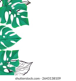 Floral frame with colorful exotic branches on white background. Ornate border with tropic leaves. Vector stock illustration for wallpaper, posters, card.  Doodle style. Copy space.