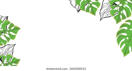 Floral frame with colorful exotic branches on white background. Ornate border with tropic leaves. Vector stock illustration for wallpaper, posters, card.  Doodle style. Copy space.