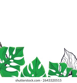 Floral frame with colorful exotic branches on white background. Ornate border with tropic leaves. Vector stock illustration for wallpaper, posters, card.  Doodle style. Copy space.