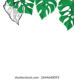 Floral frame with colorful exotic branches on white background. Ornate border with tropic leaves. Vector stock illustration for wallpaper, posters, card.  Doodle style. Copy space.