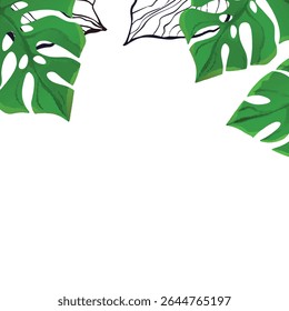 Floral frame with colorful exotic branches on white background. Ornate border with tropic leaves. Vector stock illustration for wallpaper, posters, card.  Doodle style. Copy space.
