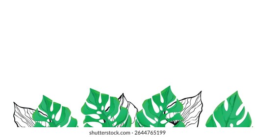 Floral frame with colorful exotic branches on white background. Ornate border with tropic leaves. Vector stock illustration for wallpaper, posters, card.  Doodle style. Copy space.