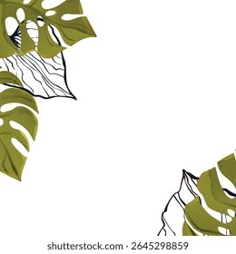 Floral frame with colorful exotic branches on white background. Ornate border with tropic leaves. Vector stock illustration for wallpaper, posters, card.  Doodle style. Copy space.