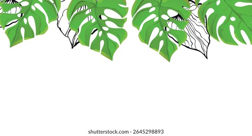 Floral frame with colorful exotic branches on white background. Ornate border with tropic leaves. Vector stock illustration for wallpaper, posters, card.  Doodle style. Copy space.