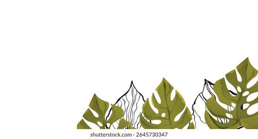 Floral frame with colorful exotic branches on white background. Ornate border with tropic leaves. Vector stock illustration for wallpaper, posters, card.  Doodle style. Copy space.
