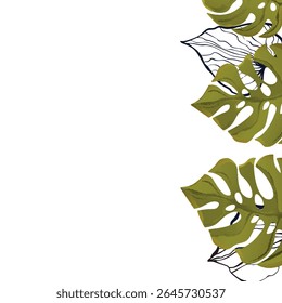 Floral frame with colorful exotic branches on white background. Ornate border with tropic leaves. Vector stock illustration for wallpaper, posters, card.  Doodle style. Copy space.
