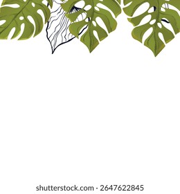 Floral frame with colorful exotic branches on white background. Ornate border with tropic leaves. Vector stock illustration for wallpaper, posters, card.  Doodle style. Copy space.