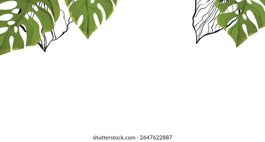 Floral frame with colorful exotic branches on white background. Ornate border with tropic leaves. Vector stock illustration for wallpaper, posters, card. Doodle style. Copy space.