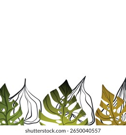 Floral frame with colorful exotic branches on white background. Ornate border with tropic leaves. Vector stock illustration for wallpaper, posters, card.  Doodle style. Copy space.