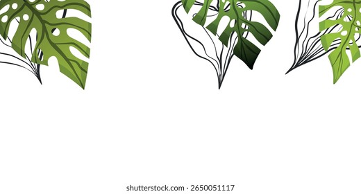Floral frame with colorful exotic branches on white background. Ornate border with tropic leaves. Vector stock illustration for wallpaper, posters, card.  Doodle style. Copy space.