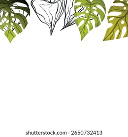 Floral frame with colorful exotic branches on white background. Ornate border with tropic leaves. Vector stock illustration for wallpaper, posters, card.  Doodle style. Copy space.