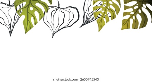 Floral frame with colorful exotic branches on white background. Ornate border with tropic leaves. Vector stock illustration for wallpaper, posters, card.  Doodle style. Copy space.